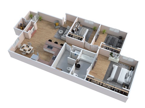 A 3D floor plan of a house with multiple rooms.